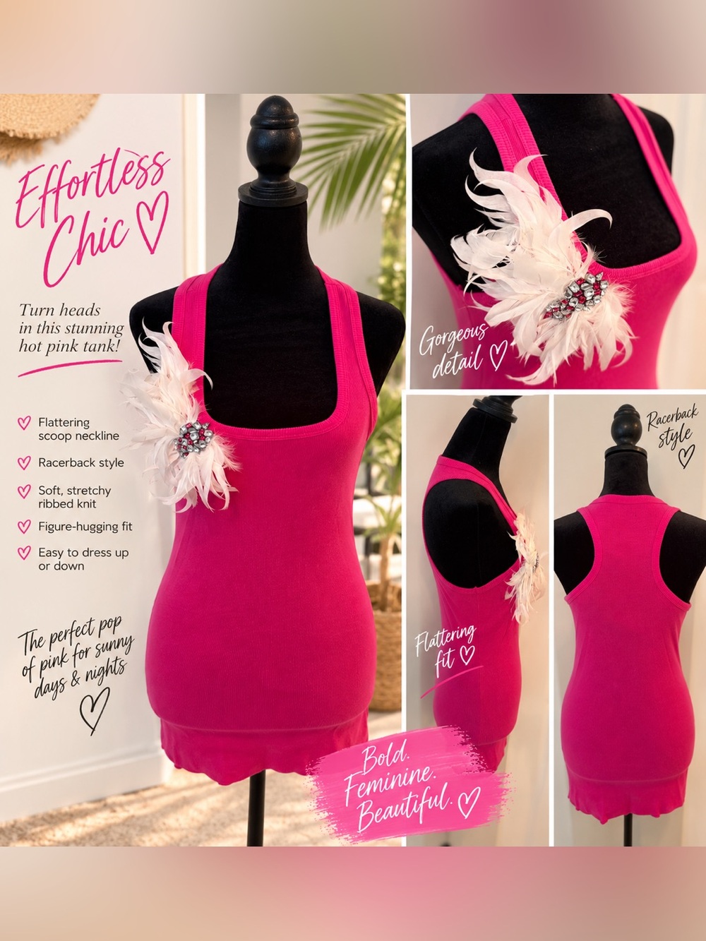 Women's Fuchsia Tank Top with Feather Brooch